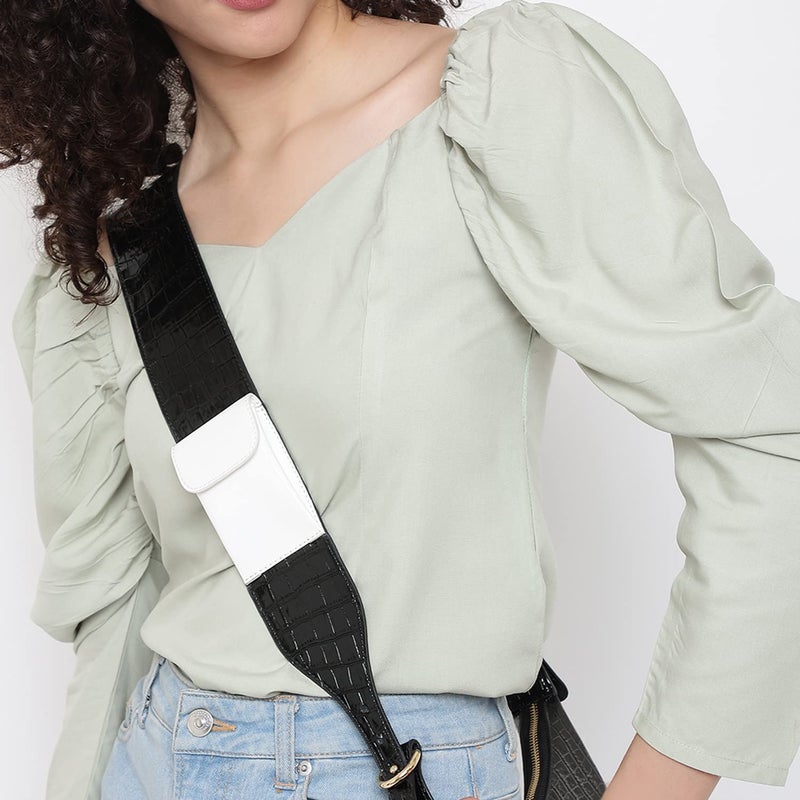 KLEIO Half Moon Croco Textured Sling Cross Body Bag with Pocket in Handle - Black - Image 4